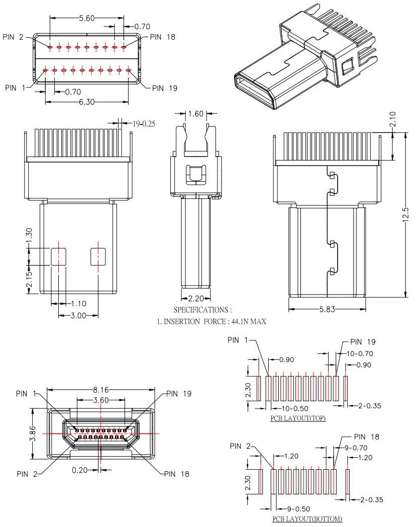 HDMI-D-6  D TYPE 公頭夾板,板厚1.6mm，HDMI JACK SERIES規(guī)格圖