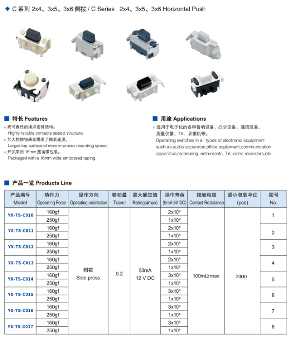 2x4、3x5、3x6側按輕觸開關規(guī)格圖